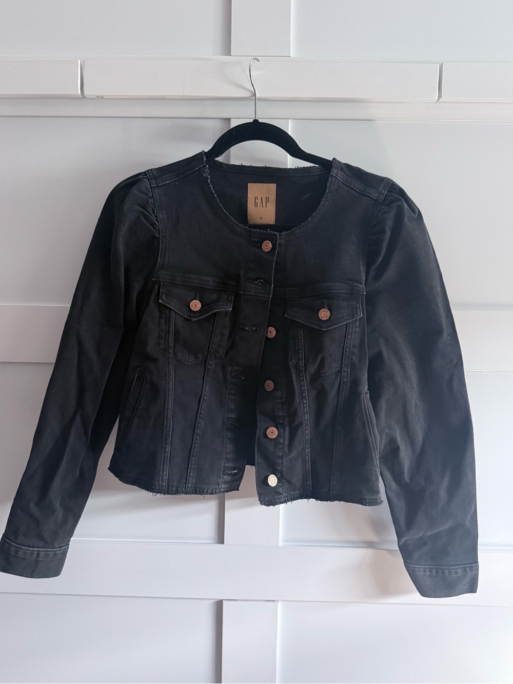 NWT GAP Black Collarless Jean Jacket with Copper Buttons